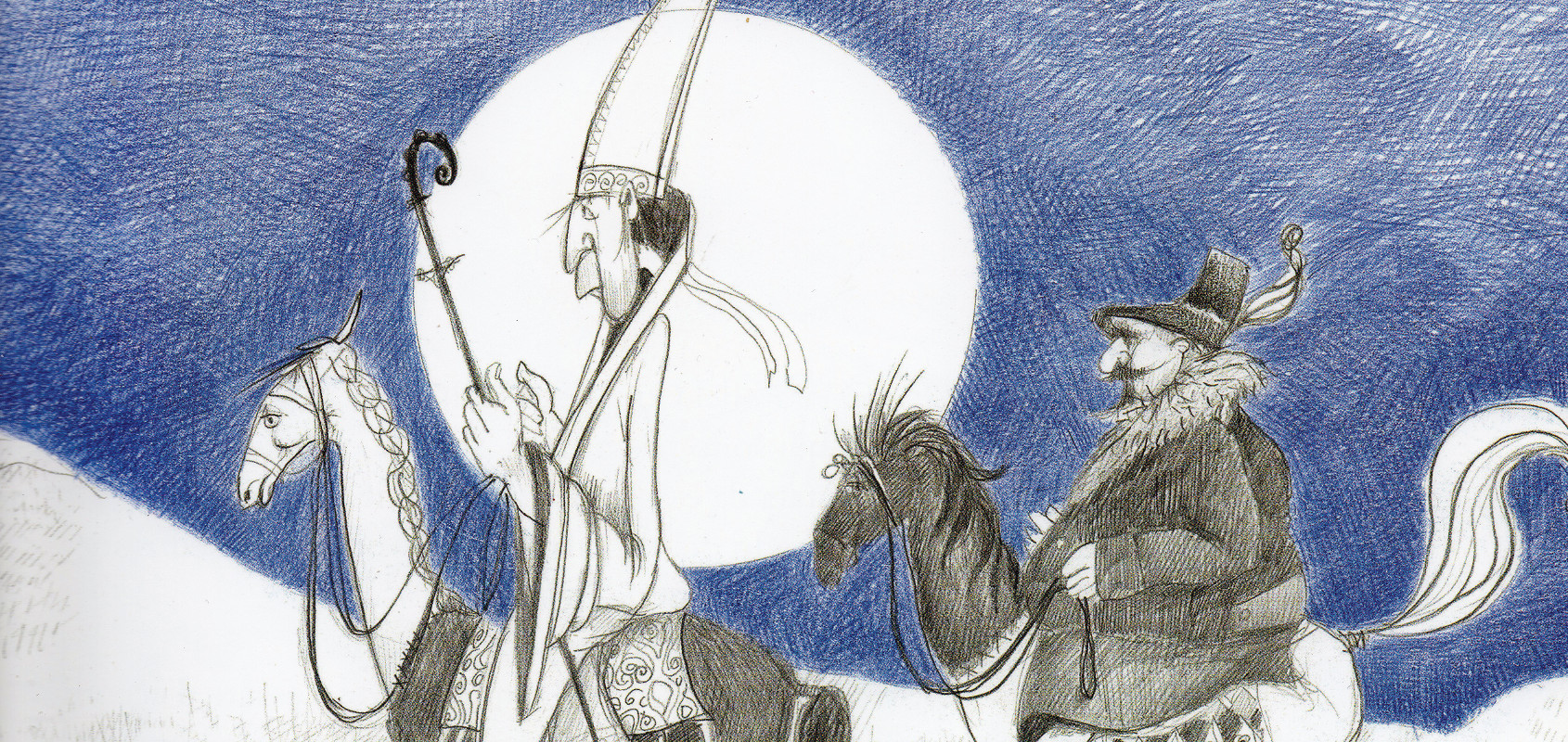 Pannello 9 - Foto 1: Il passaggio di San Carlo Borromeo | illustrazioni di Amaranda de Francisi tratte dal libro "Le fiabe della Lessinia" edizioni La Grafica