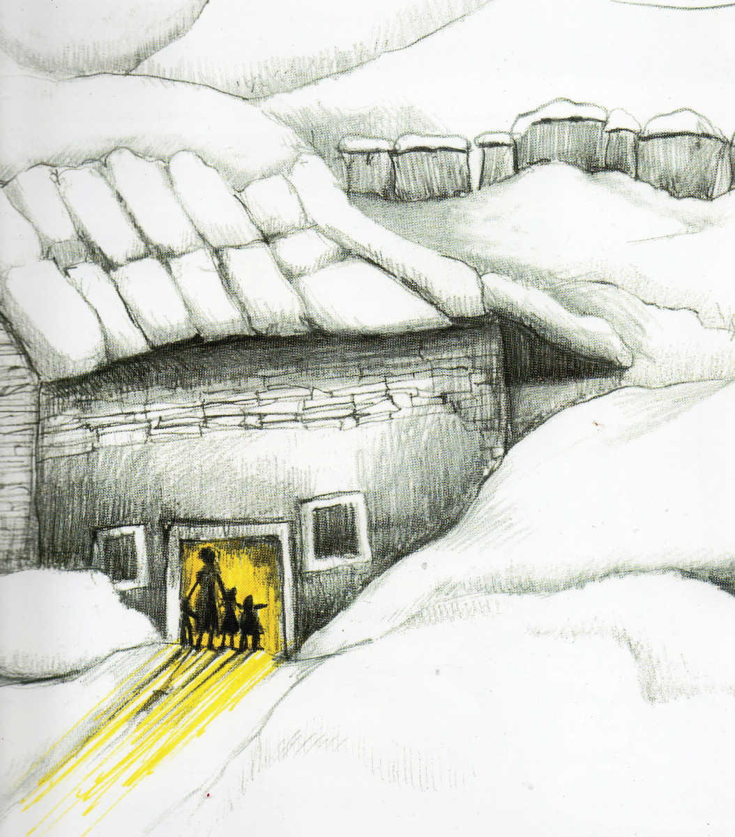 Pannello 9 - Foto 4: La famiglia salvata da un angelo | illustrazioni di Maurizio Cesarini tratte dal libro "Lessinia la bimba dei lupi" di Lorena Barbieri edizioni La Grafica